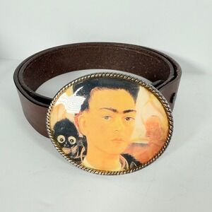 Frida Kahlo Belt Buckle with Monkey Leather Belt Size 36 Spain NWOT Southwestern